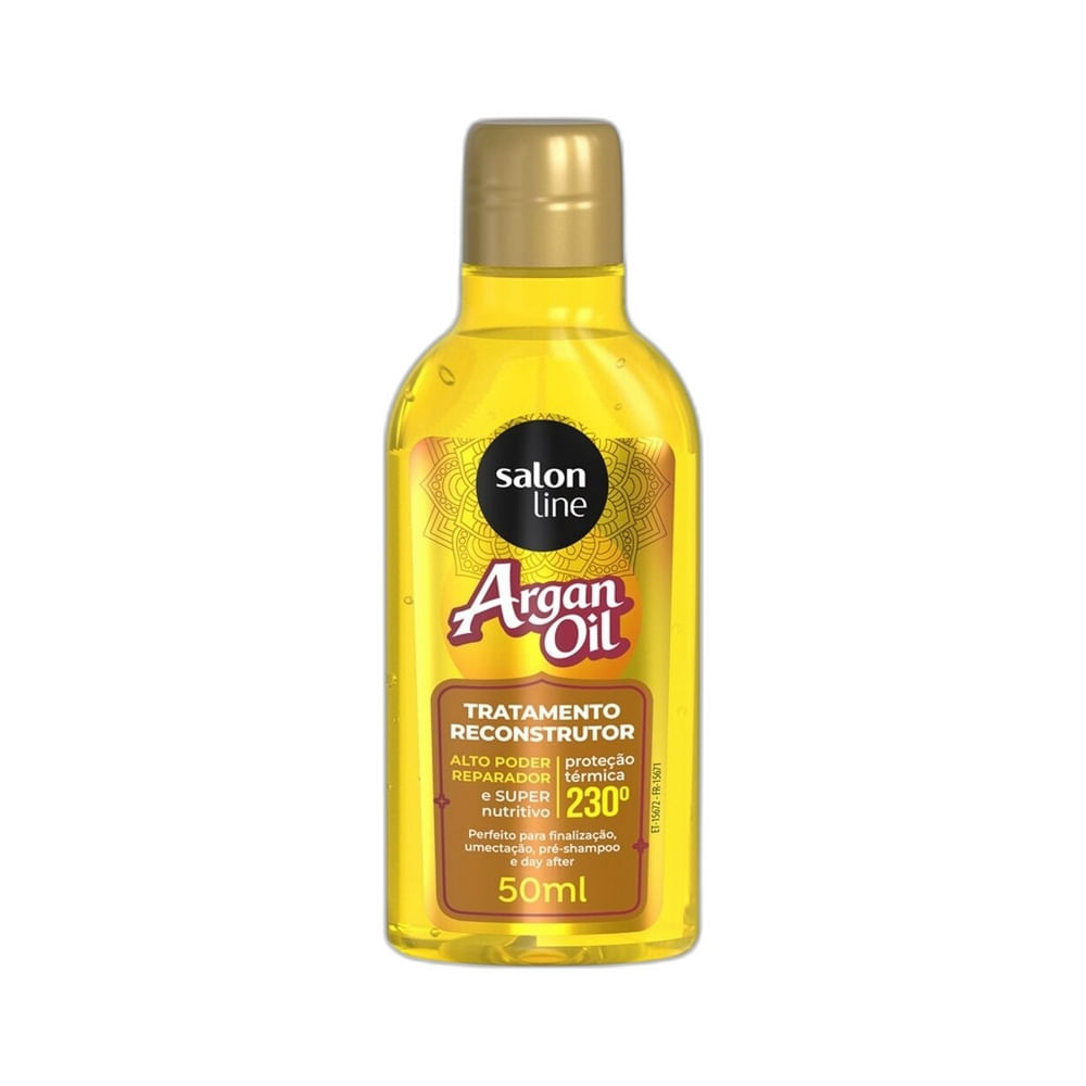Óleo Capilar Salon Line Argan 50ml em frasco com conta-gotas dourado sobre fundo branco.